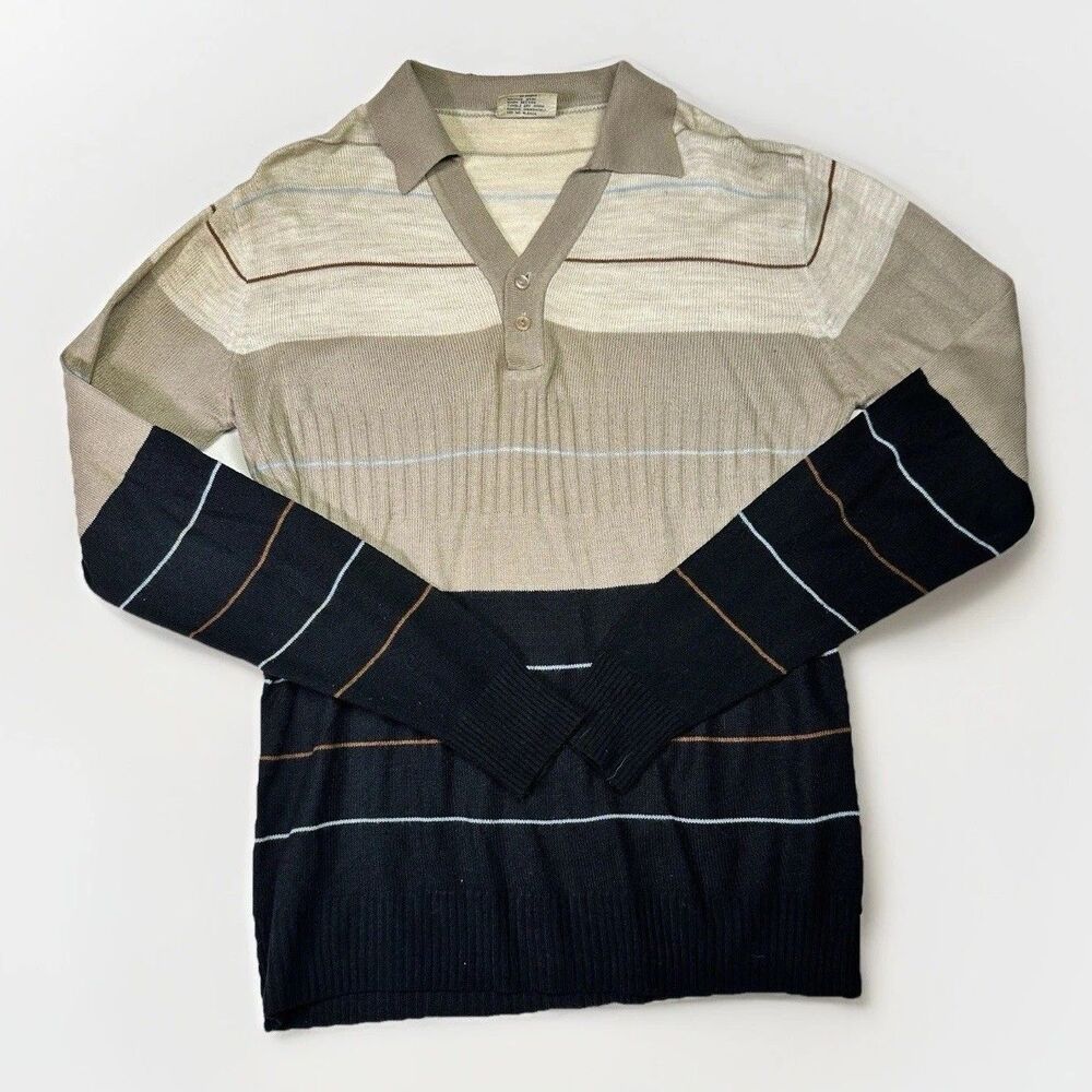 Vintage Mister Man Striped Knit Polo Sweater Long Sleeve Beige Black Medium